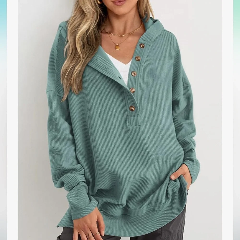 Women's Teal Button-Up Ribbed Hoodie sz M - Picture 2 of 8